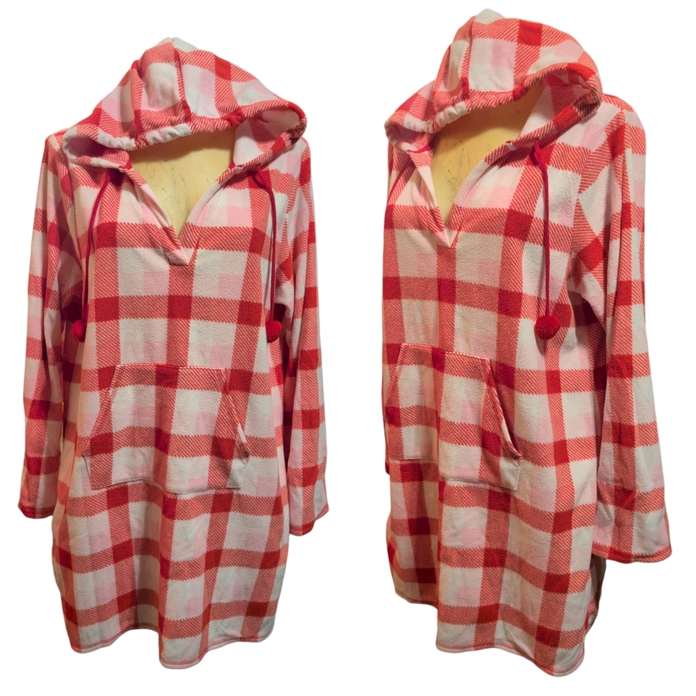 JENNI by JENNIFER MOORE Red Pink White Plaid Fleece Hooded Nightgown